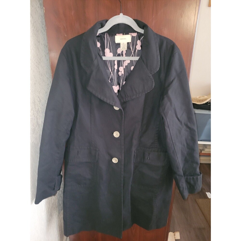 MERONA Black Trench Coat XL | Hidden Button | Pink Retro Lined Lightweight Jacke